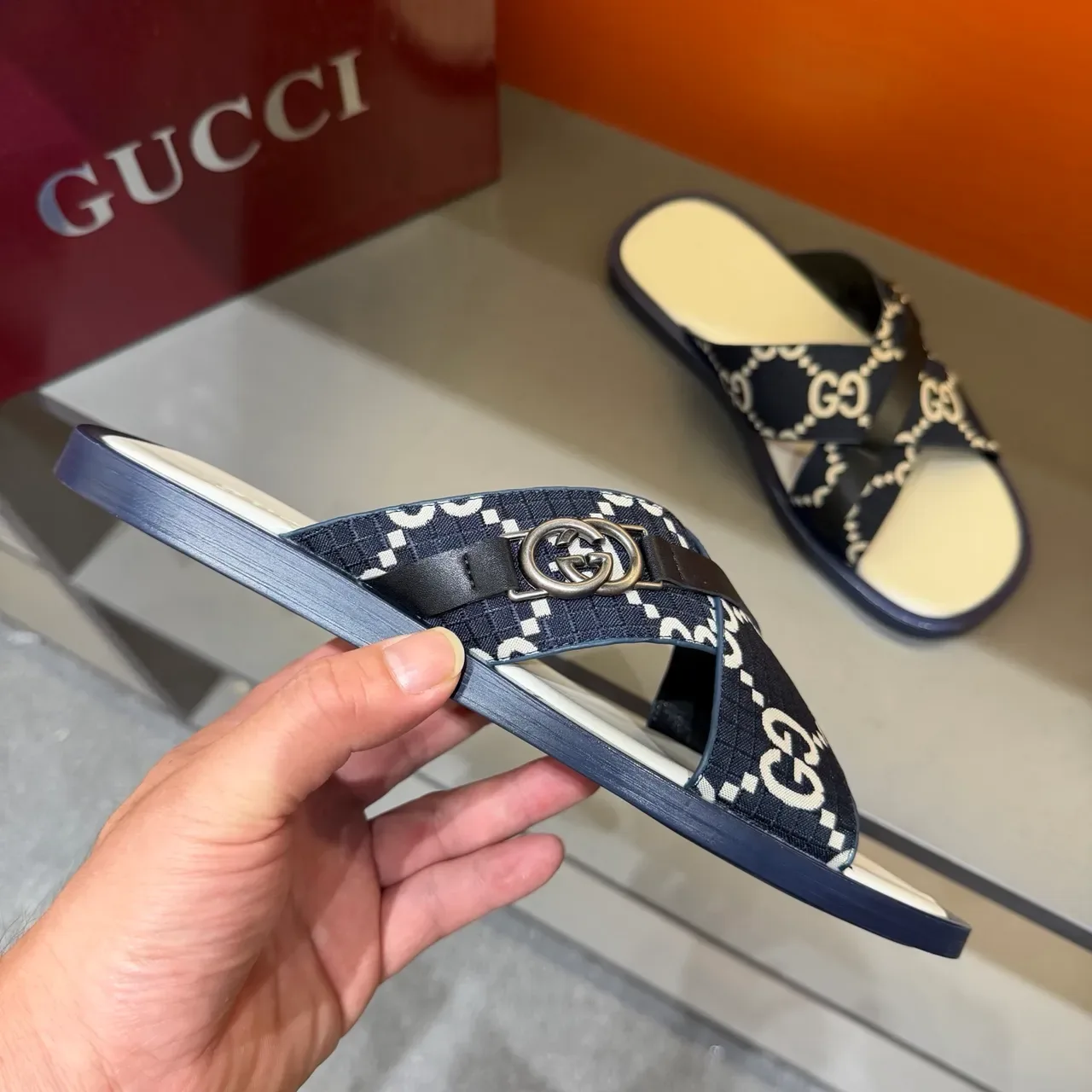 Gucci Screener Cross-Strap Logo-Print Slide Slippers 16