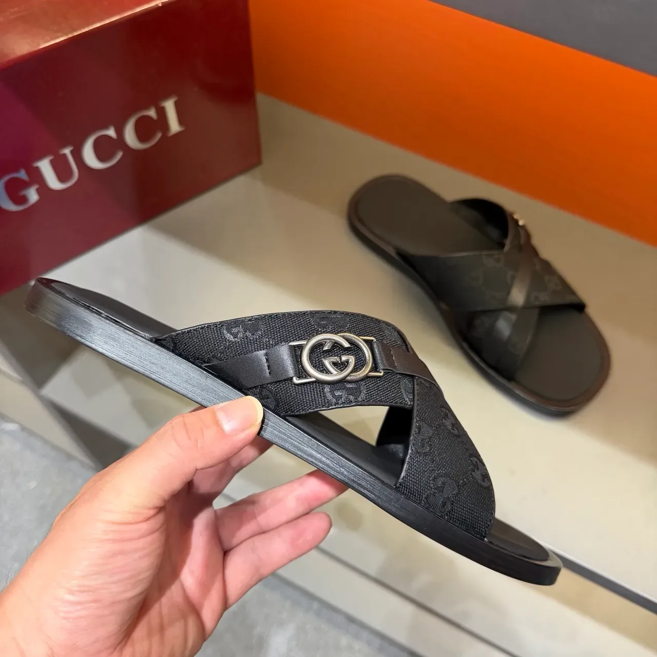 Gucci Screener Cross-Strap Logo-Print Slide Slippers 17