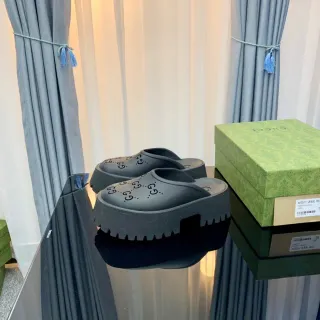 Gucci Screener Dark Gray Logo-Perforated Platform Slippers