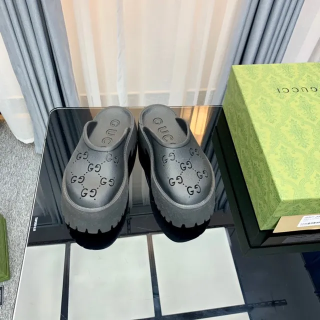 Gucci Screener Dark Gray Logo-Perforated Platform Slippers 2