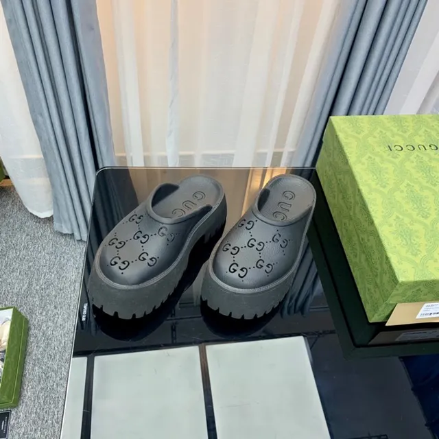 Gucci Screener Dark Gray Logo-Perforated Platform Slippers 3