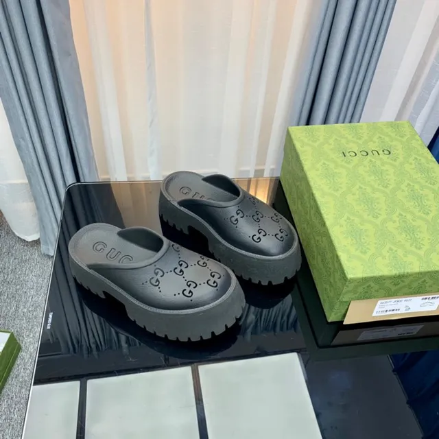 Gucci Screener Dark Gray Logo-Perforated Platform Slippers 4