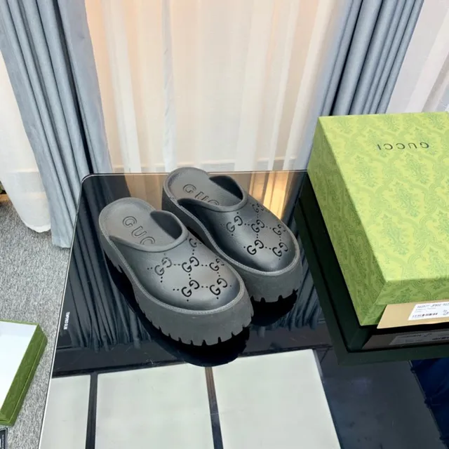 Gucci Screener Dark Gray Logo-Perforated Platform Slippers 6