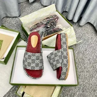 Gucci Screener Gray GG Monogram Red Footbed Slippers