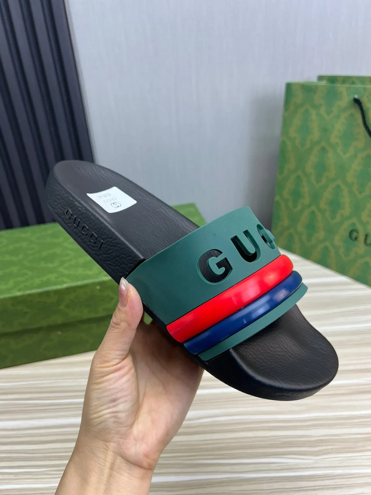 Gucci Screener Green Red Blue Web Strap Slippers 4