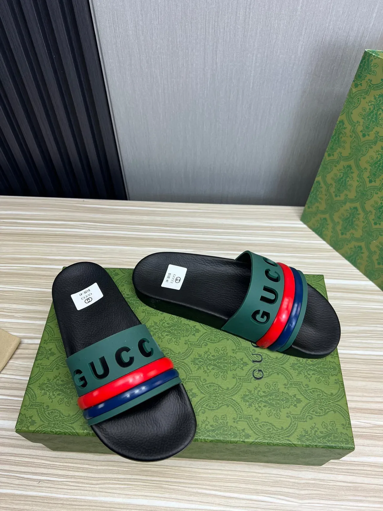 Gucci Screener Green Red Blue Web Strap Slippers 6