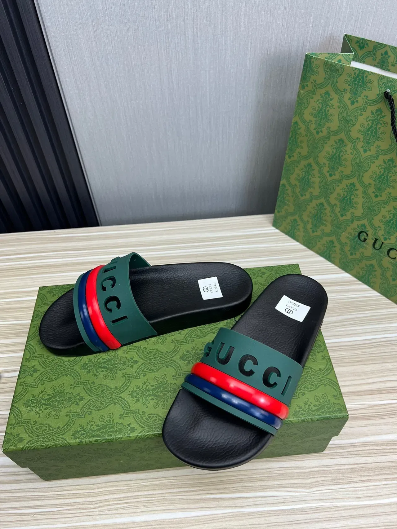 Gucci Screener Green Red Blue Web Strap Slippers 8