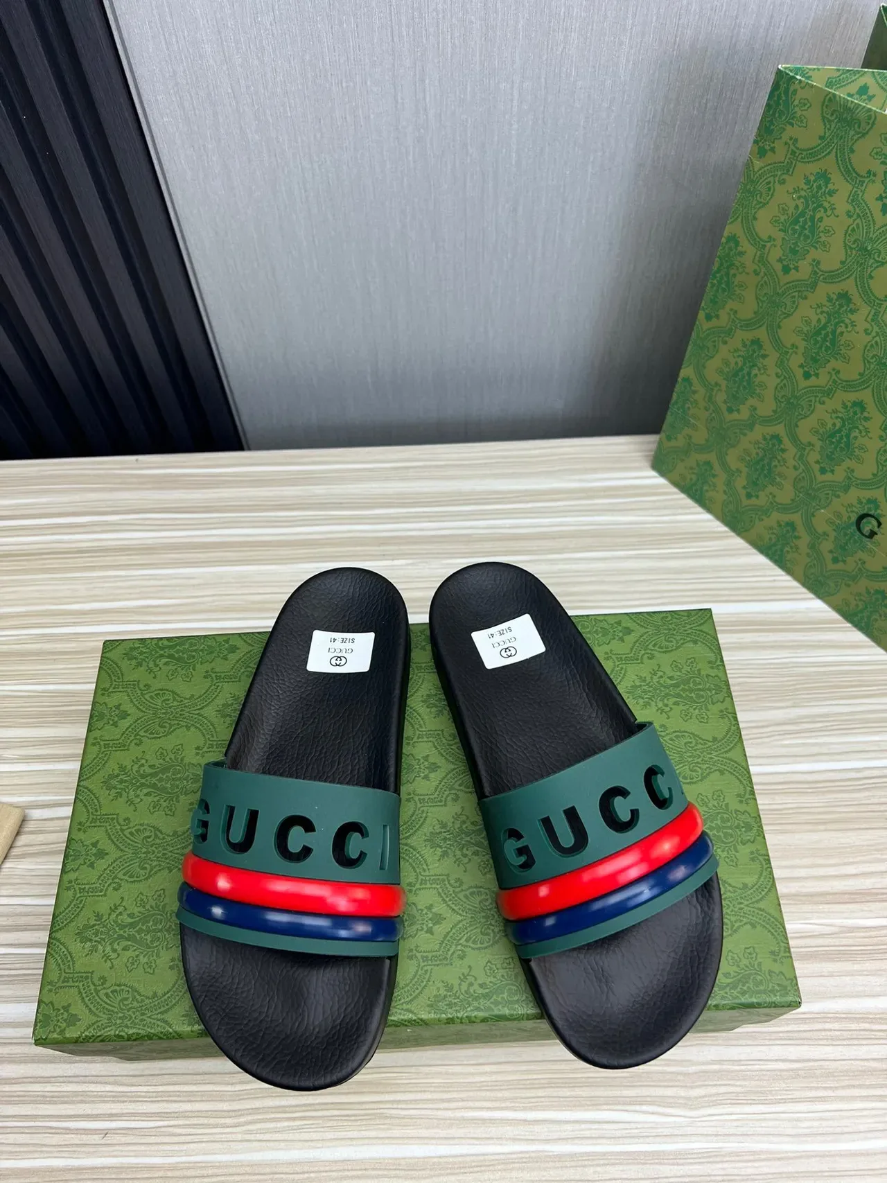 Gucci Screener Green Red Blue Web Strap Slippers 9