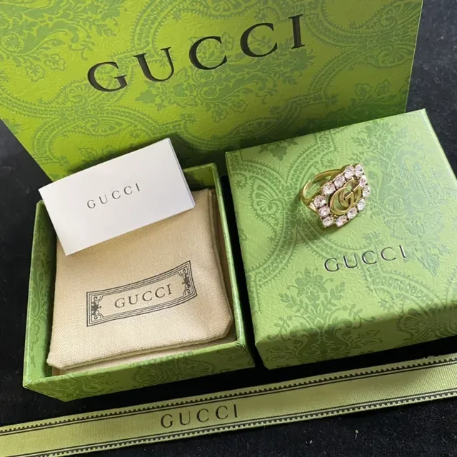 Gucci Screener Interlocking G Crystal-Encrusted Gold-Tone Ring 3