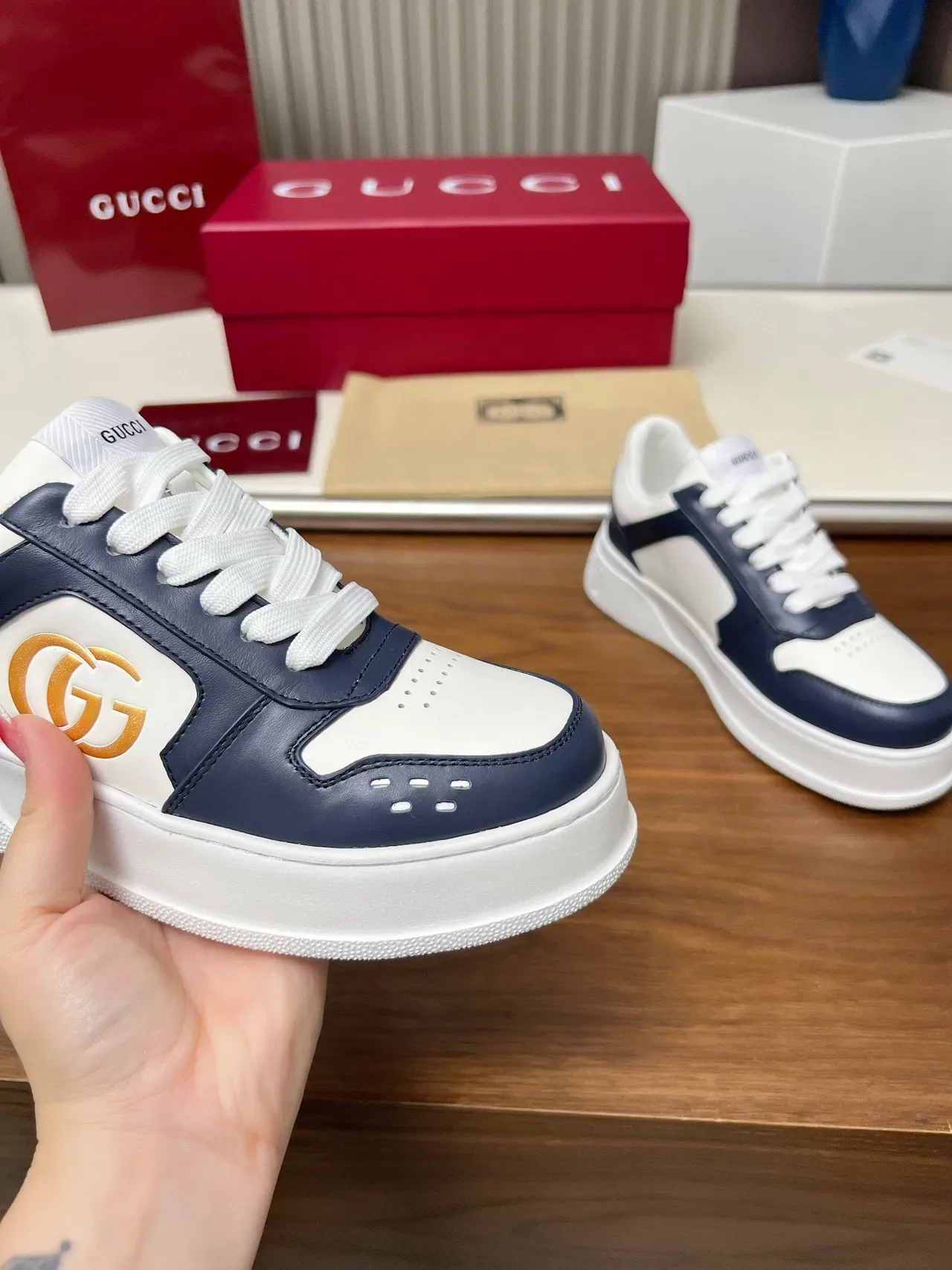 Gucci Screener Navy and White Platform Lifestyle Sneakers 2