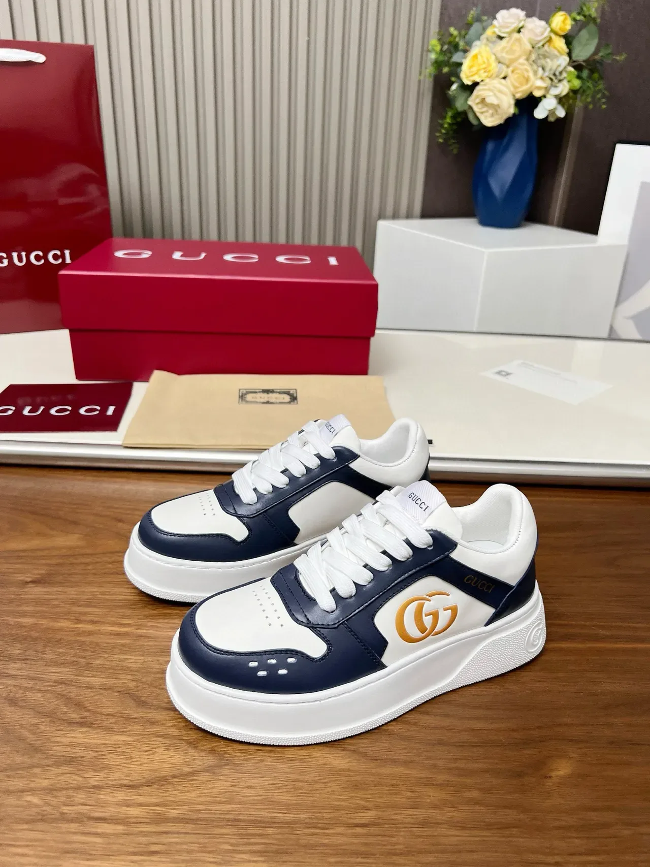 Gucci Screener Navy and White Platform Lifestyle Sneakers 3