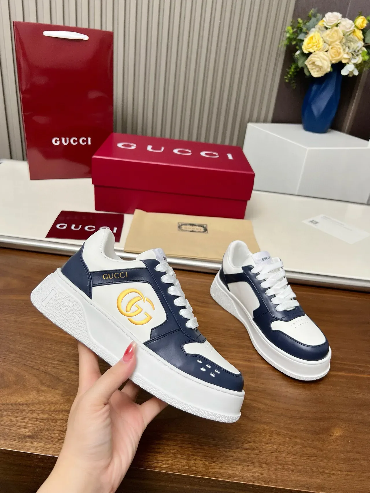 Gucci Screener Navy and White Platform Lifestyle Sneakers 4