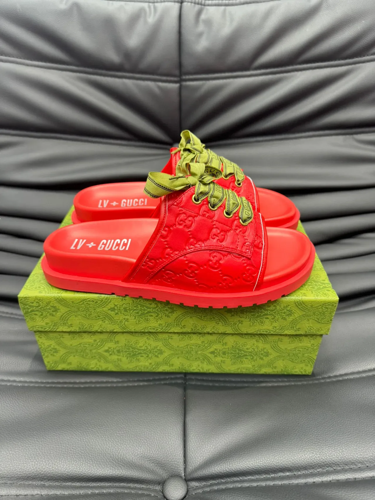 Gucci Screener Rouge Vert GG Monogram Embossed Leather Olive Ribbon Laces Pantoufles 4