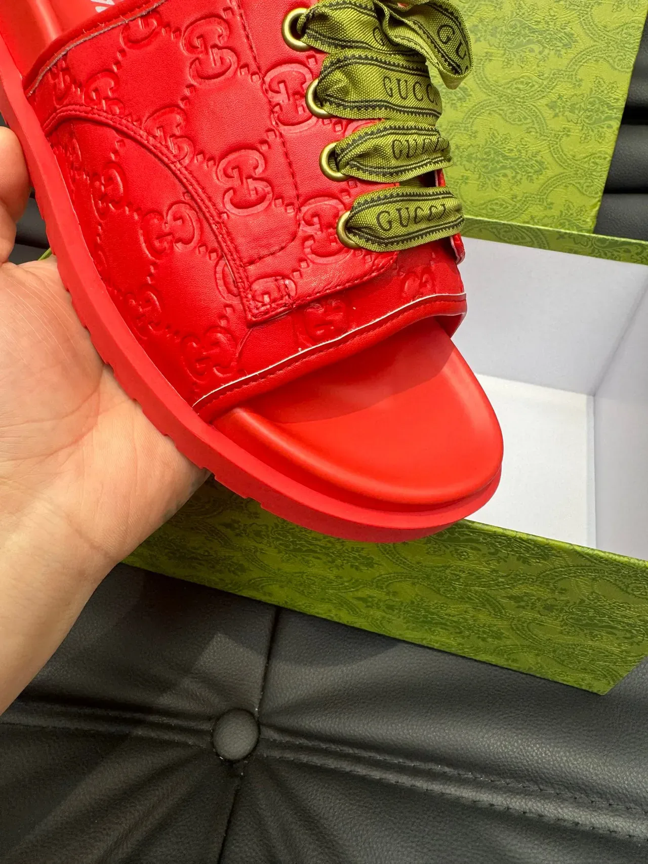Gucci Screener Rouge Vert GG Monogram Embossed Leather Olive Ribbon Laces Pantoufles 7