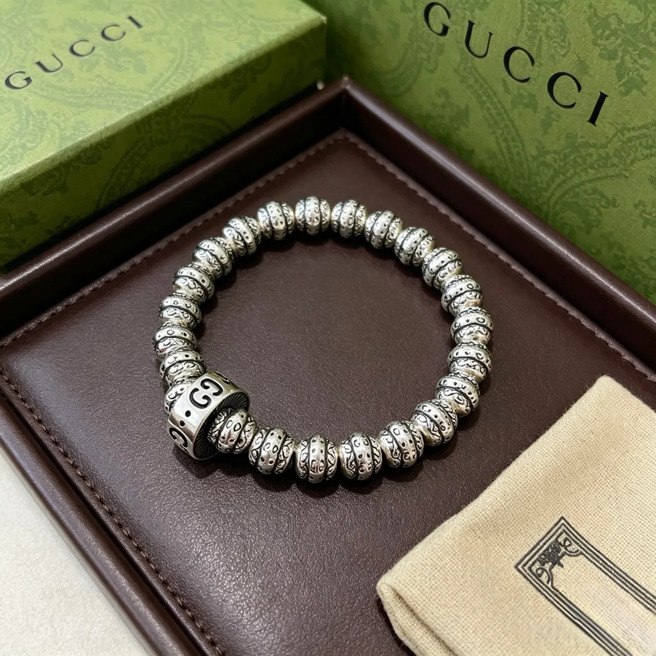 Gucci Silver Black Beaded Stretch Bracelet 2