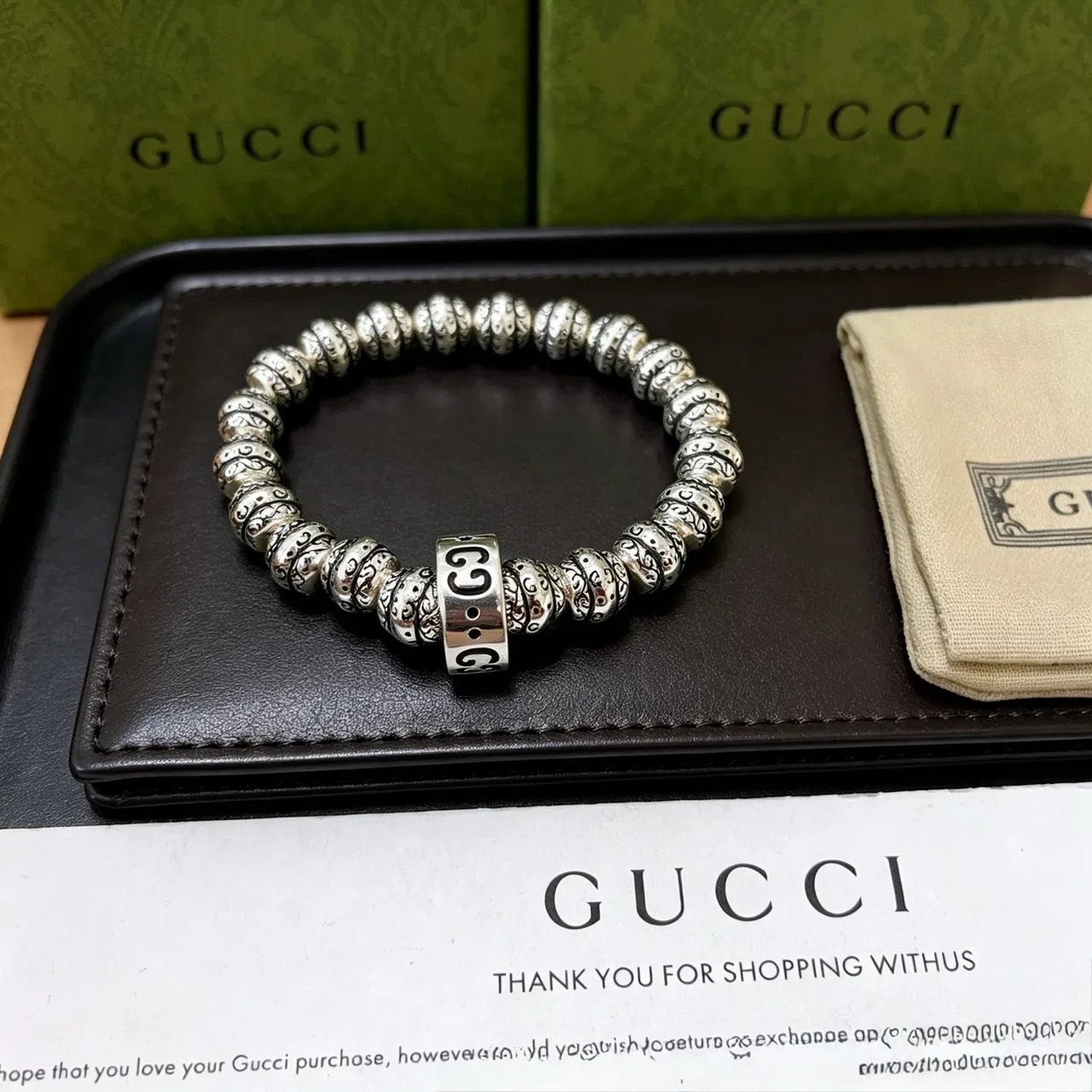Gucci Silver Black Beaded Stretch Bracelet 7