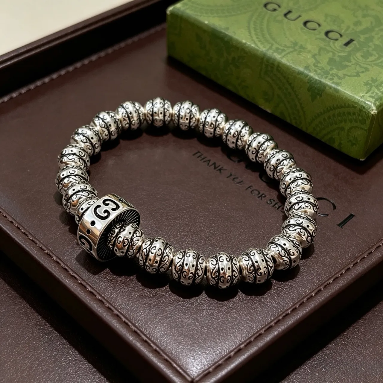 Gucci Silver Black Beaded Stretch Bracelet 9