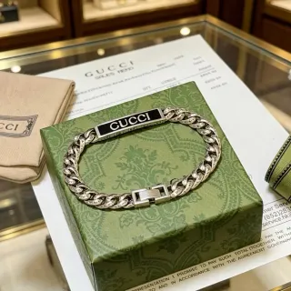 Gucci Silver Black Chunky Curb Chain Enamel Plaque Bracelet