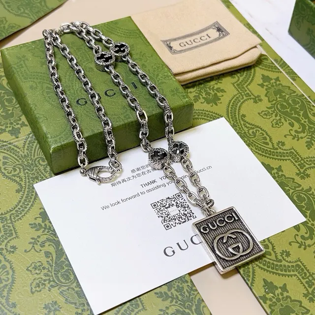 Gucci Silver Black Oxidized Chain Stone Accents Necklace 2