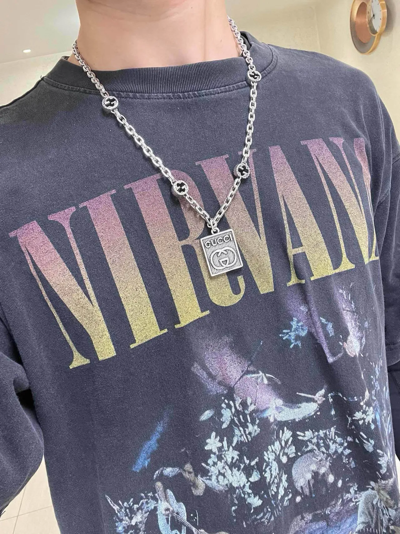 Gucci Silver Black Oxidized Chain Stone Accents Necklace 8