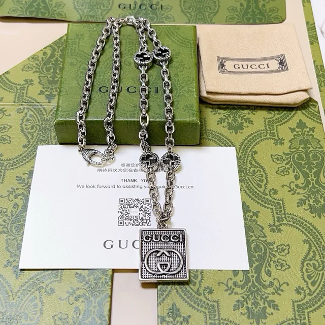 Gucci Silver Black Oxidized Chain Stone Accents Necklace 3