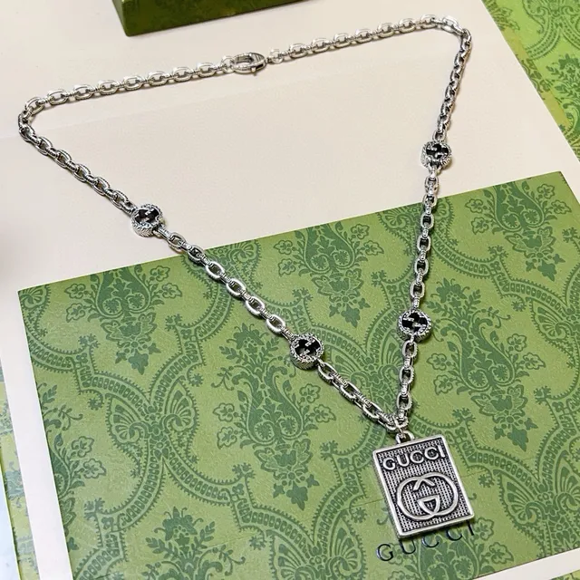 Gucci Silver Black Oxidized Chain Stone Accents Necklace 5
