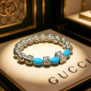 Gucci Silver Blue Enamel GG-Bead Turquoise Accent Bracelet