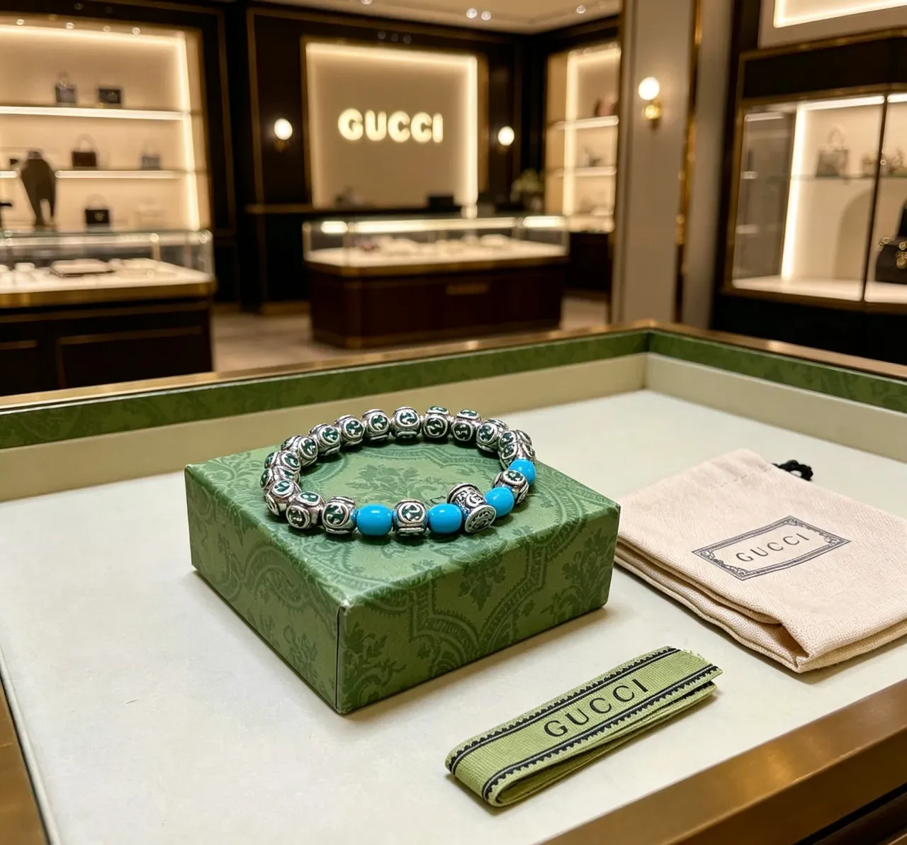 Gucci Silver Blue Enamel GG-Bead Turquoise Accent Bracelet 3