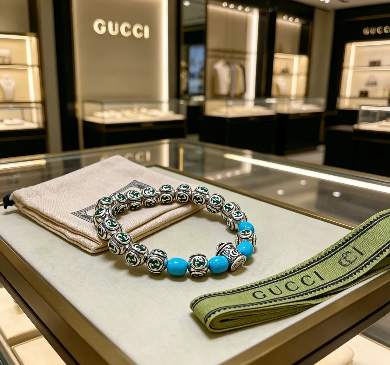 Gucci Silver Blue Enamel GG-Bead Turquoise Accent Bracelet 5