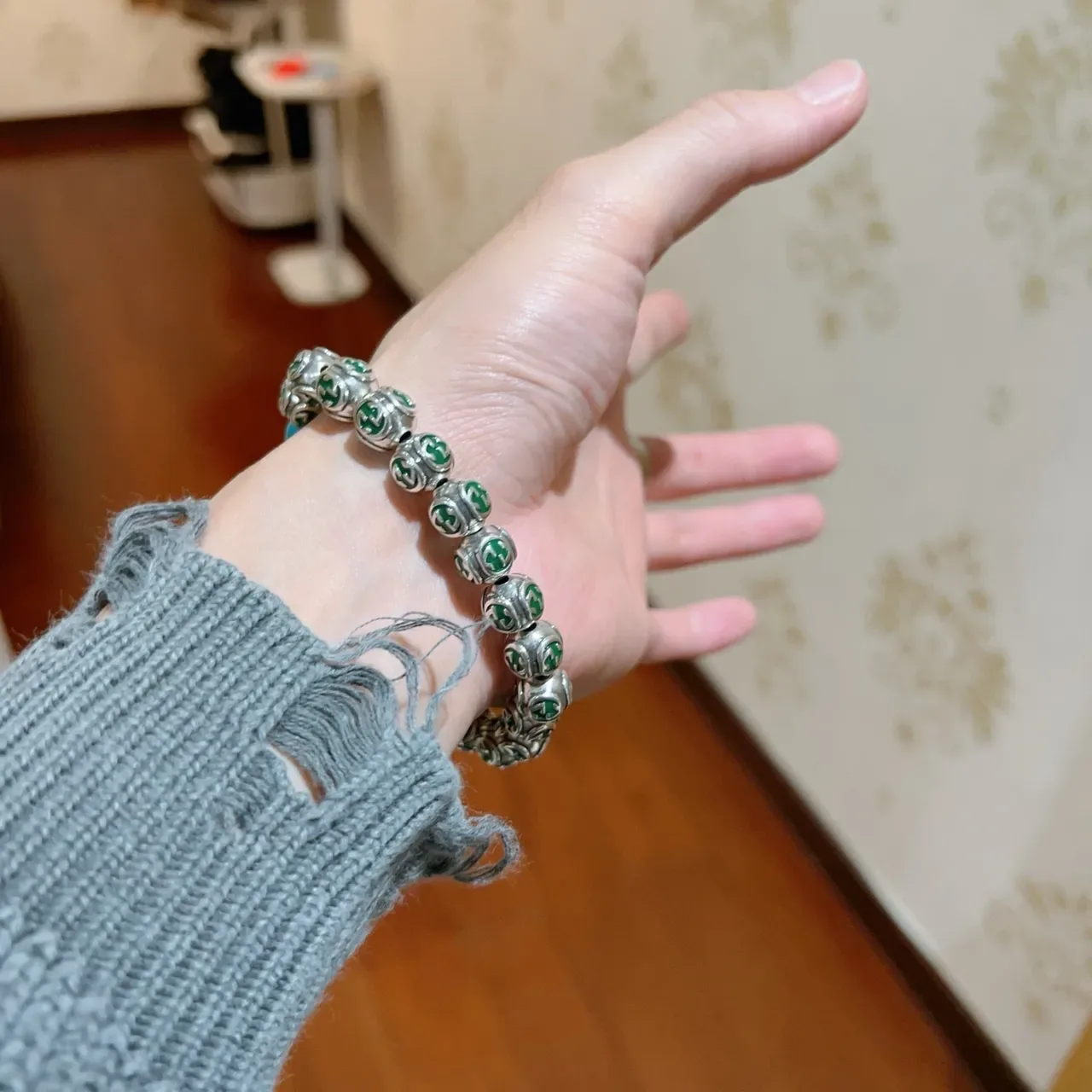 Gucci Silver Blue Enamel GG-Bead Turquoise Accent Bracelet 7