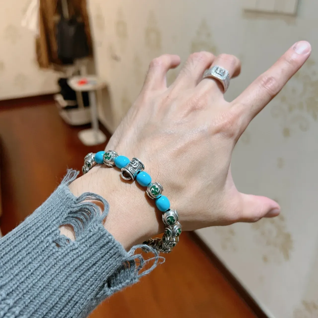 Gucci Silver Blue Enamel GG-Bead Turquoise Accent Bracelet 8