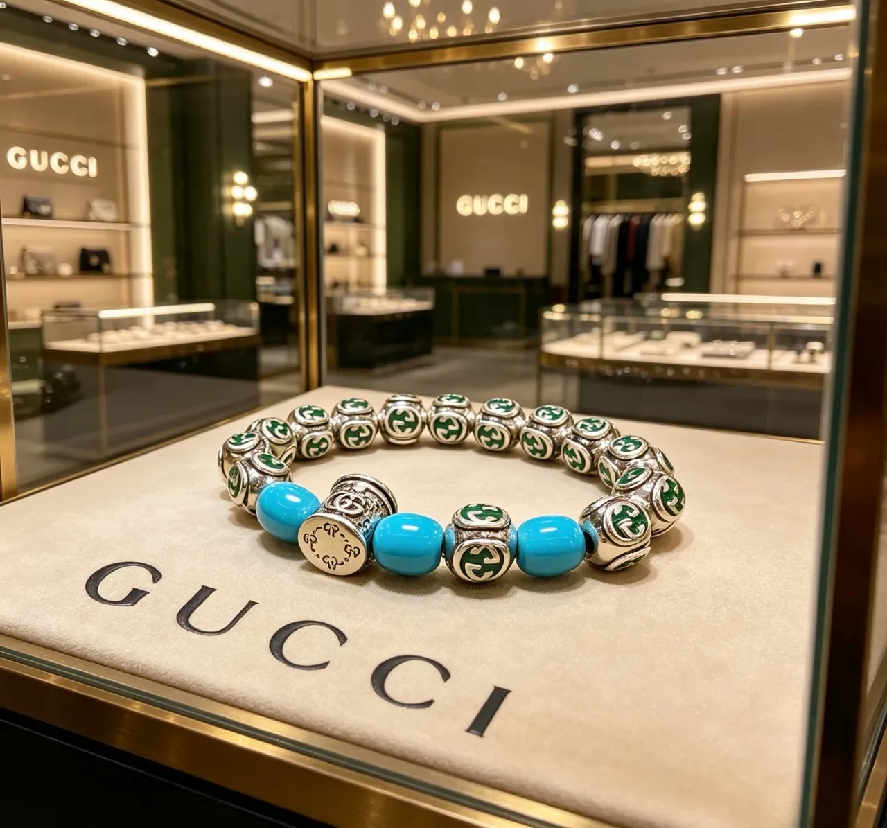 Gucci Silver Blue Enamel GG-Bead Turquoise Accent Bracelet 9