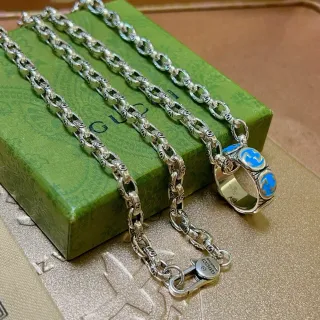 Gucci Silver Blue Interlocking G-Link Chain Enamel Detailing Necklace