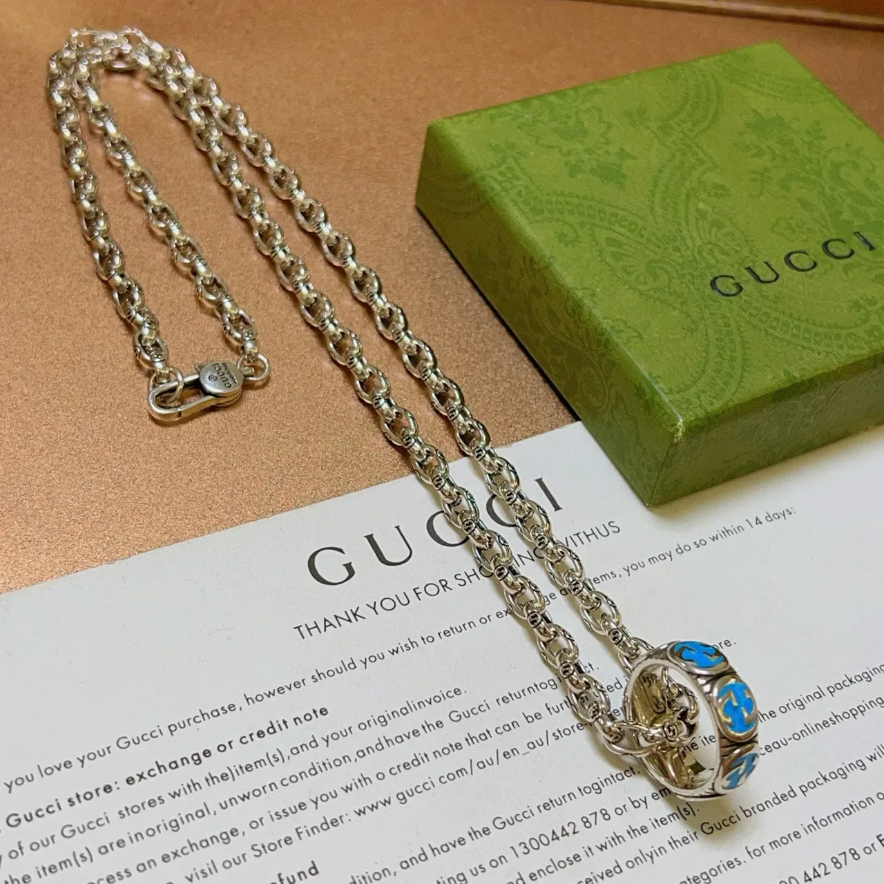 Gucci Silver Blue Interlocking G-Link Chain Enamel Detailing Necklace 4