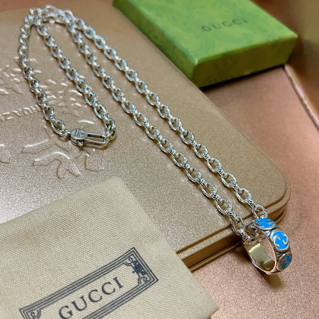 Gucci Silver Blue Interlocking G-Link Chain Enamel Detailing Necklace 5