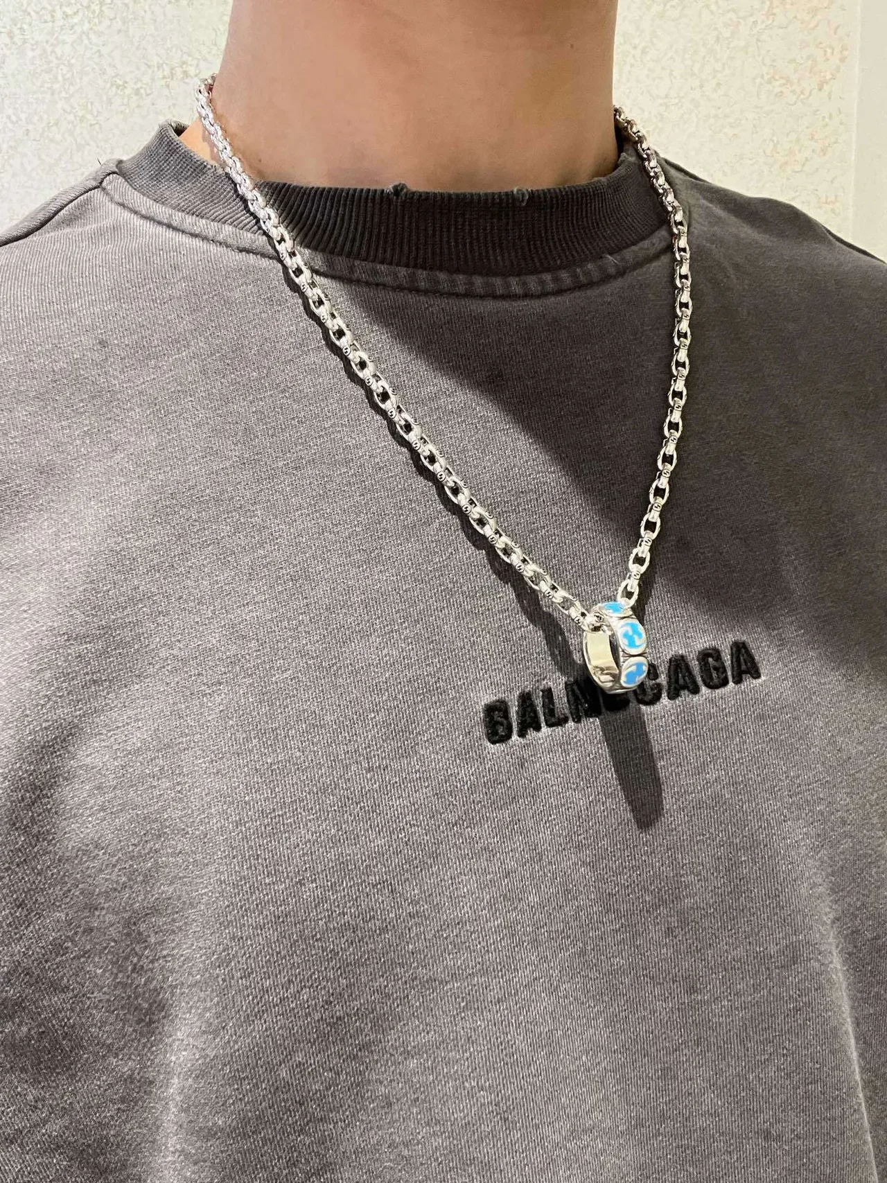 Gucci Silver Blue Interlocking G-Link Chain Enamel Detailing Necklace 6