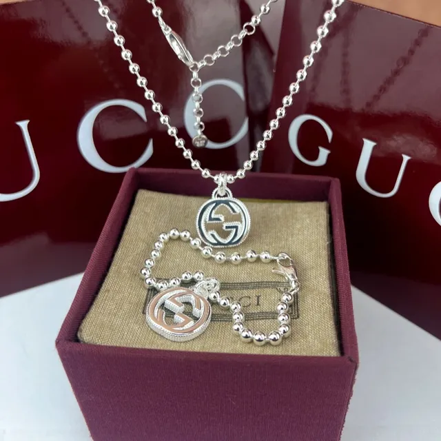 Gucci Silver Burgundy Beaded Ball Chain Interlocking G Pendant Bracelet 6