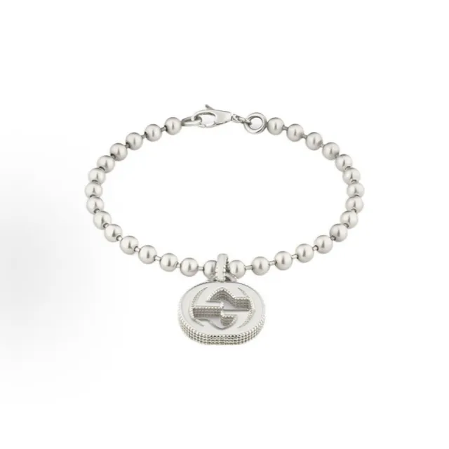 Gucci Silver Burgundy Beaded Ball Chain Interlocking G Pendant Bracelet 8