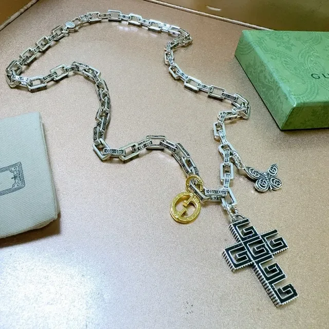 Gucci Silver Gold Multi-Charm Engraved Link Chain Necklace 2