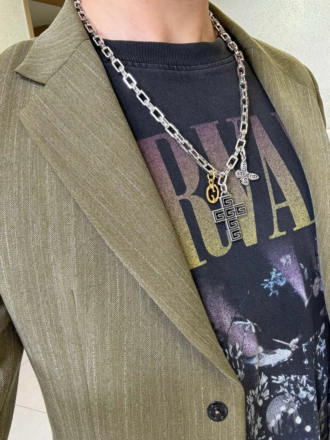 Gucci Silver Gold Multi-Charm Engraved Link Chain Necklace 3
