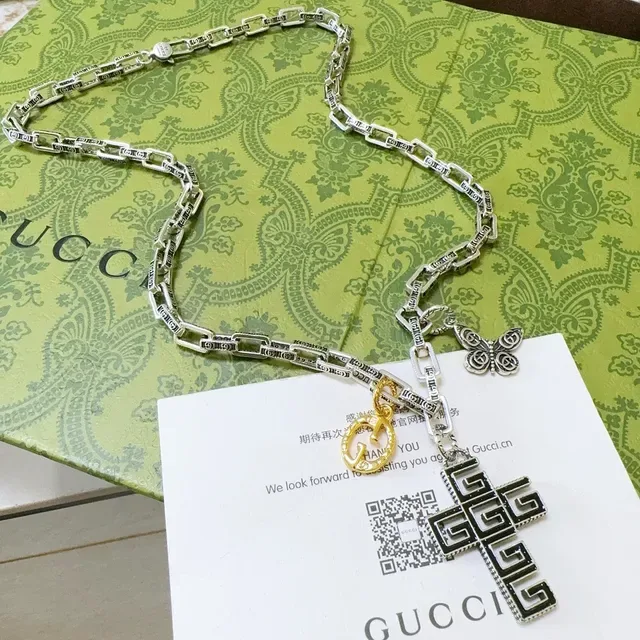 Gucci Silver Gold Multi-Charm Engraved Link Chain Necklace 4