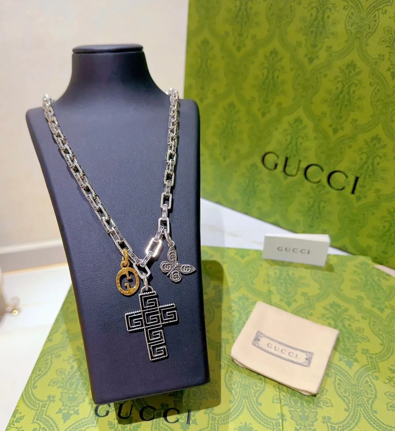 Gucci Silver Gold Multi-Charm Engraved Link Chain Necklace 6