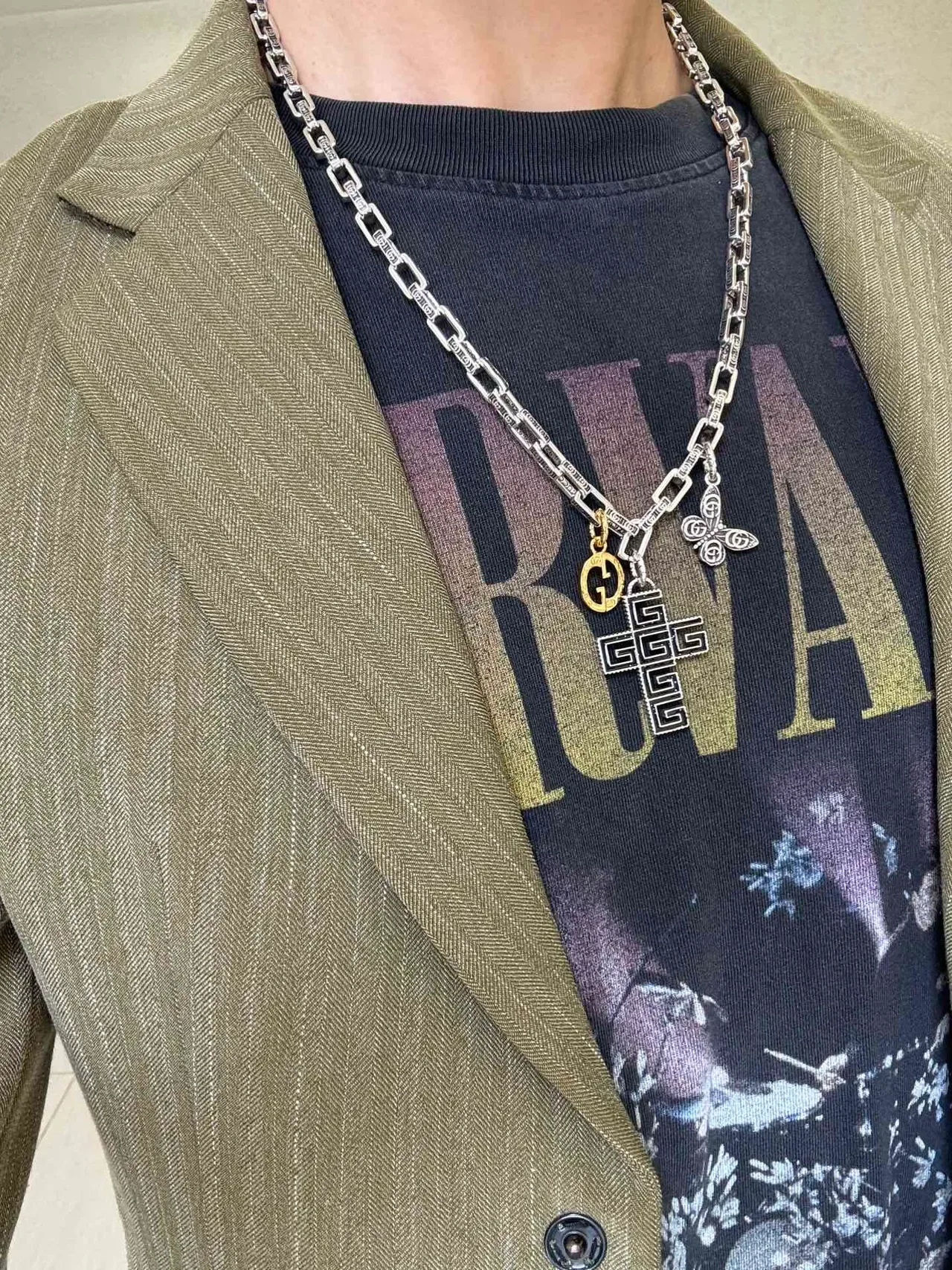 Gucci Silver Gold Multi-Charm Engraved Link Chain Necklace 7