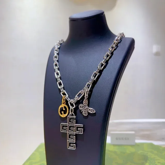Gucci Silver Gold Multi-Charm Engraved Link Chain Necklace 8