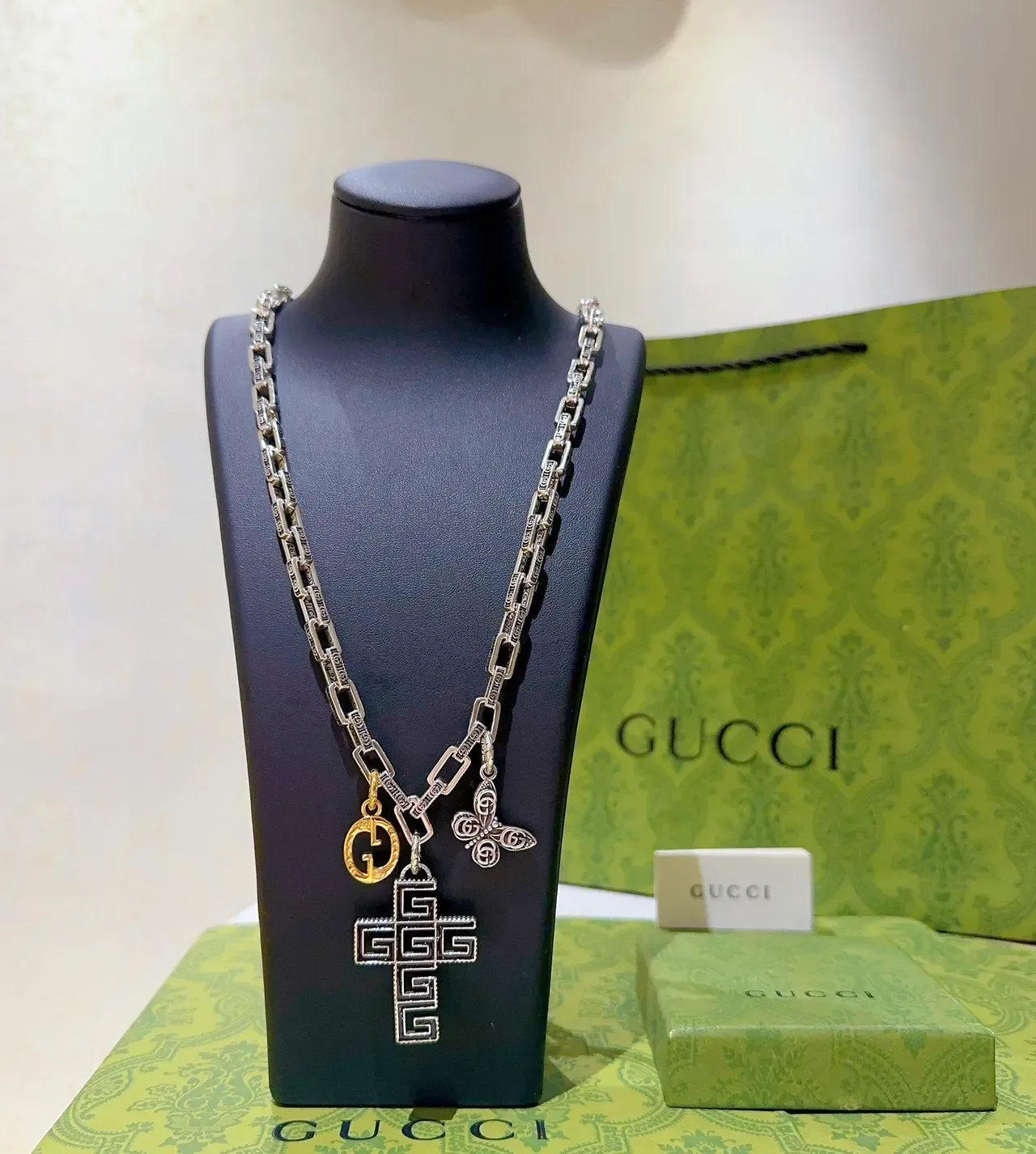 Gucci Silver Gold Multi-Charm Engraved Link Chain Necklace 9