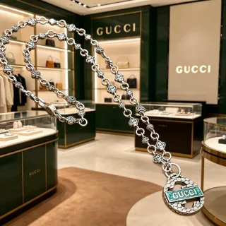 Gucci Silver Green Chain Rose-Link Motif Necklace