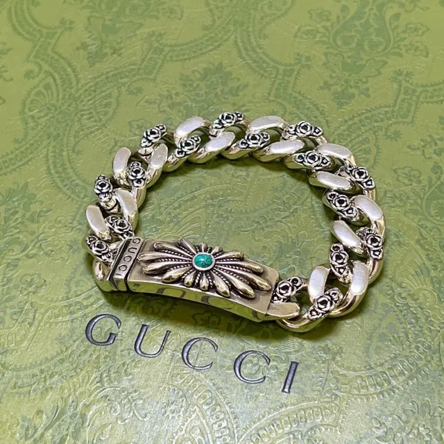 Gucci Silver Green Chunky Curb-Link Chain Floral Rose Motifs On Links Bracelet 4