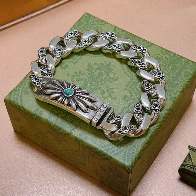 Gucci Silver Green Chunky Curb-Link Chain Floral Rose Motifs On Links Bracelet 6
