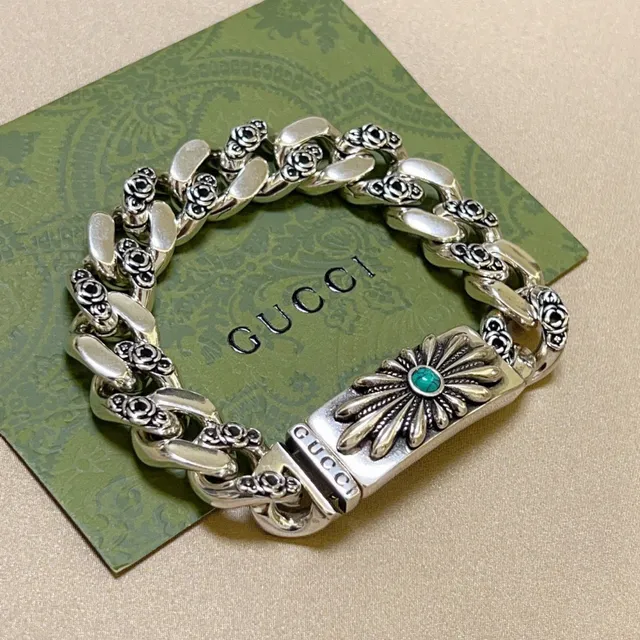 Gucci Silver Green Chunky Curb-Link Chain Floral Rose Motifs On Links Bracelet 7