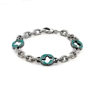 Gucci Pulsera de Cadena de Enlaces Gruesa Plata Verde con Motivos Circulares Acabados en Esmalte